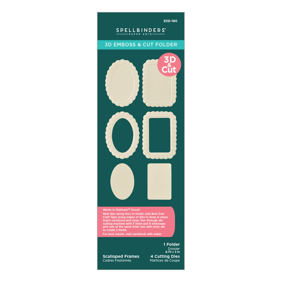 Spellbinders 3D Emboss & Cut Folder packaging called Scalloped Frames 3D Emboss & Cut Folder, featuring a dark teal card with cream-colored embossed frame templates, a pink '3D & Cut' badge, and product details at the bottom.