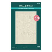 Spellbinders Paper Arts 3D Embossing Folder package, featuring a dark teal card with a preview of an embossed cream-colored tree design, a pink circular '3D' badge, and product details for Alex Syberia Designs. Spellbinders Shoji Screen3D Embossing Folder by Alex Syberia