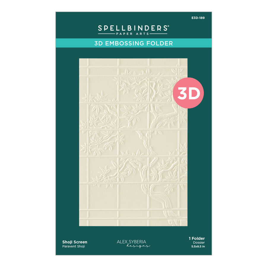 Spellbinders Paper Arts 3D Embossing Folder package, featuring a dark teal card with a preview of an embossed cream-colored tree design, a pink circular '3D' badge, and product details for Alex Syberia Designs. Spellbinders Shoji Screen3D Embossing Folder by Alex Syberia