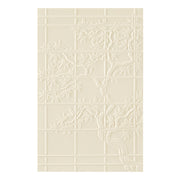 Beige rectangular wall panel with a raised embossed grid pattern and stylized tree branches and leaves across the surface, shown against a white background. Spellbinders Shoji Screen3D Embossing Folder by Alex Syberia