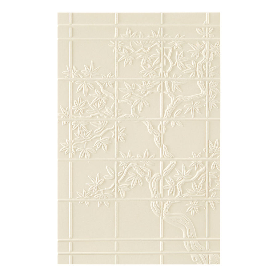 Beige rectangular wall panel with a raised embossed grid pattern and stylized tree branches and leaves across the surface, shown against a white background. Spellbinders Shoji Screen3D Embossing Folder by Alex Syberia
