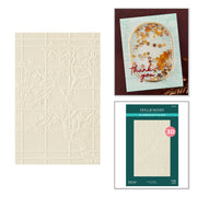 A collage showing a cream embossed floral and grid-patterned sheet on the left, a handmade card with an oval shaker filled with amber-like beads and the words 'thank you' on the top right, and the Spellbindero's 3D Embouching Folder package on the bottom right.