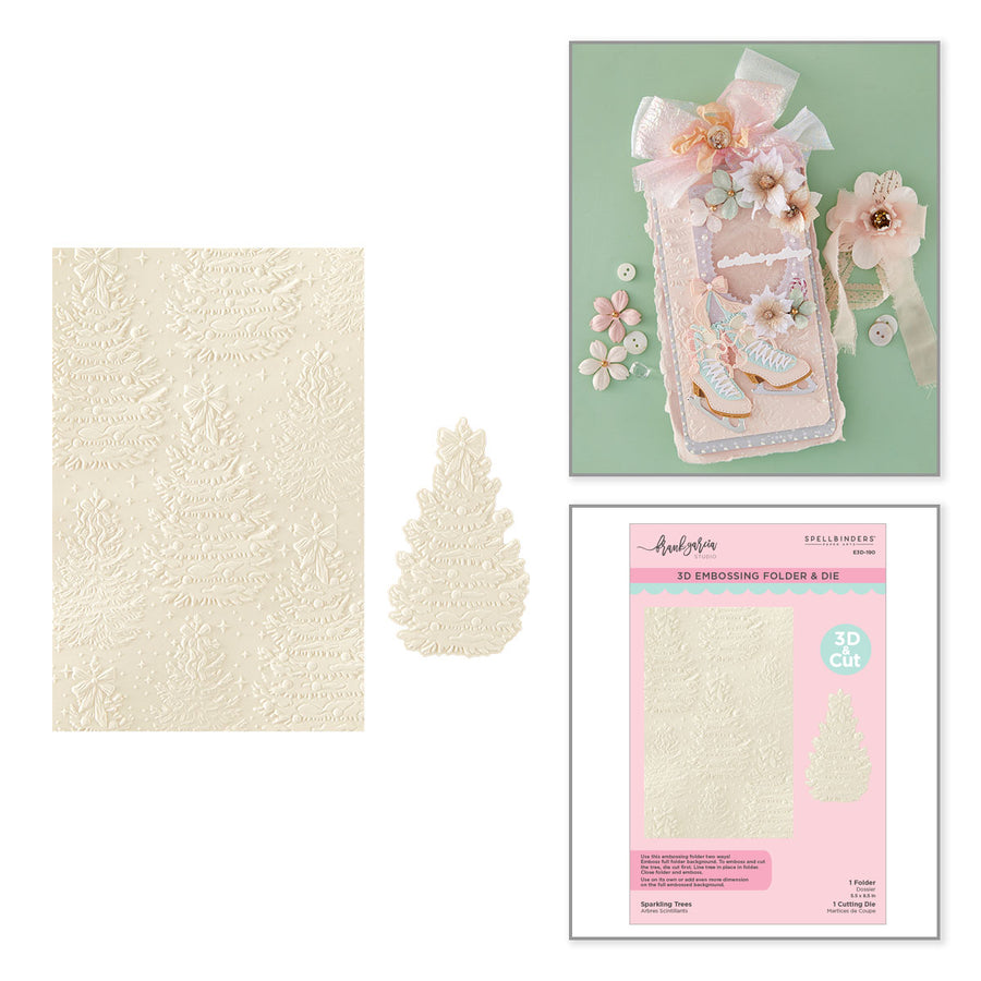 A craft embellishment set shown on a white background: a square cream embossed sheet with floral and scroll texture, a matching tree-shaped embellishment piece, and a package insert for Spellbinders Sparkling Trees 3D Embossing Folder by Frank Garcia. A styled example of the embellishment applied to a decorated card is shown in the upper right on a pale green background.