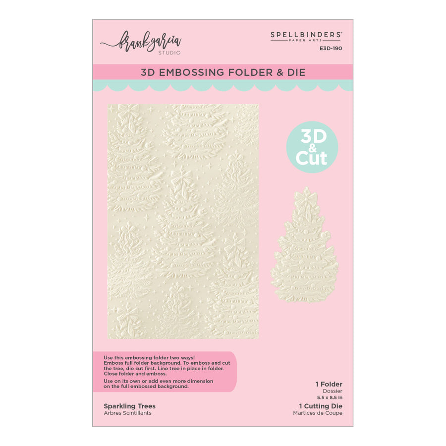 Spellbinders 3D Embossing Folder & Die Sparkling Trees by Frank Garcia, featuring a pink retail card with a preview of the embossed leaf pattern and a tree-shaped die.