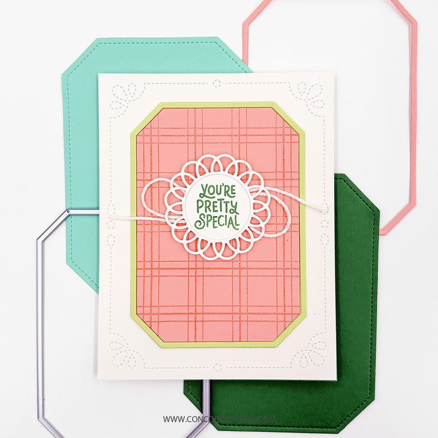 A handmade greeting card with a coral pink plaid pattern, a white scalloped die-cut circle, and green text reading 'You're Pretty Special,' layered over teal, green, and pink octagonal cardstock pieces on a white background.