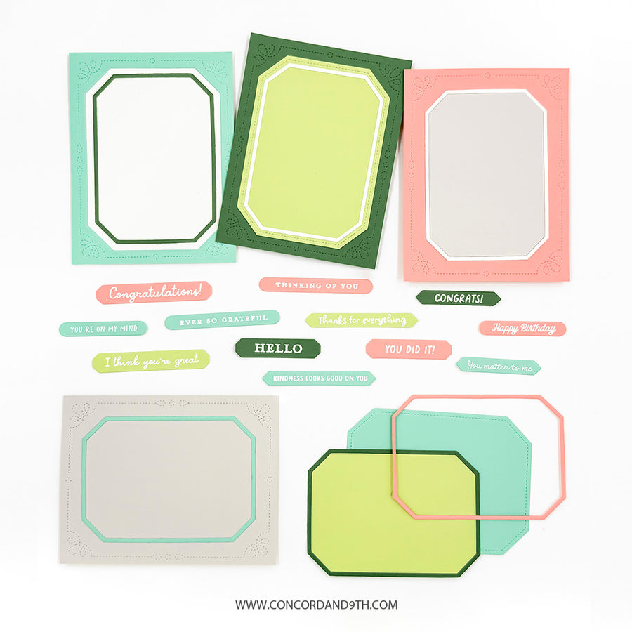 A flat lay of layered paper craft dies or cardstock templates in pastel and bright green, aqua, coral pink, and cream on a white background, with small matching text labels and a website URL at the bottom.