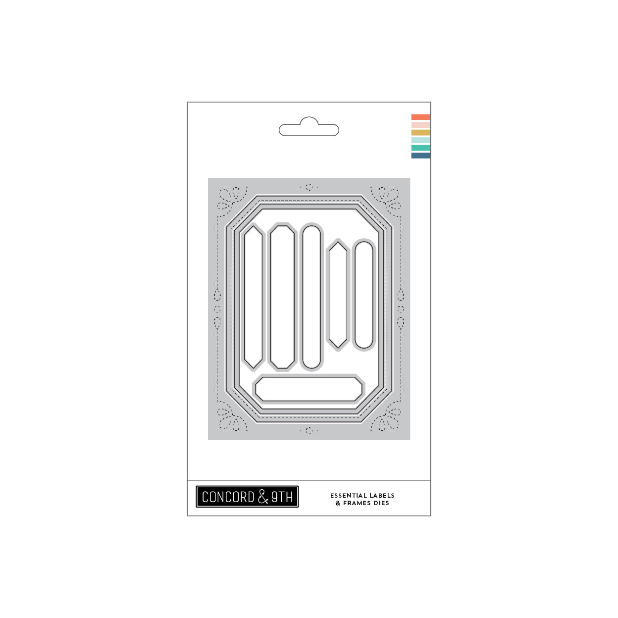 Concord & 9th Essential Labels & Frames Dies set in its retail packaging, featuring a gray metal die sheet with various label and frame shapes.