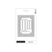 Concord & 9th Essential Labels & Frames Dies set in its retail packaging, featuring a gray metal die sheet with various label and frame shapes.