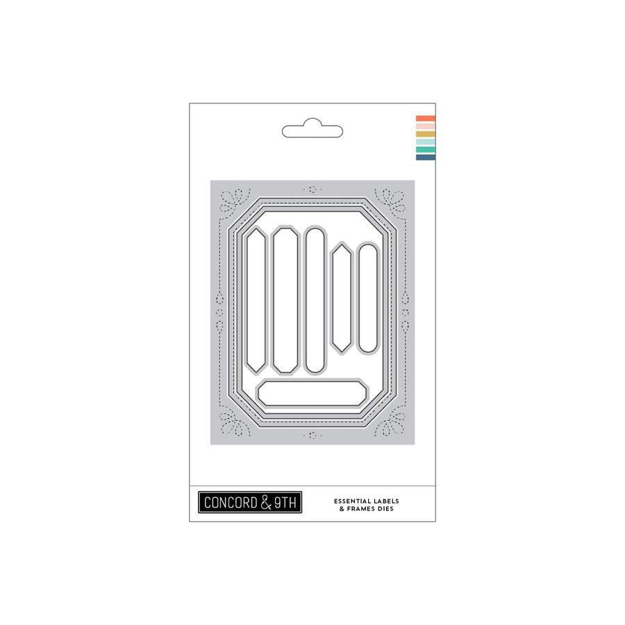 Concord & 9th Essential Labels & Frames Dies set in its retail packaging, featuring a gray metal die sheet with various label and frame shapes.