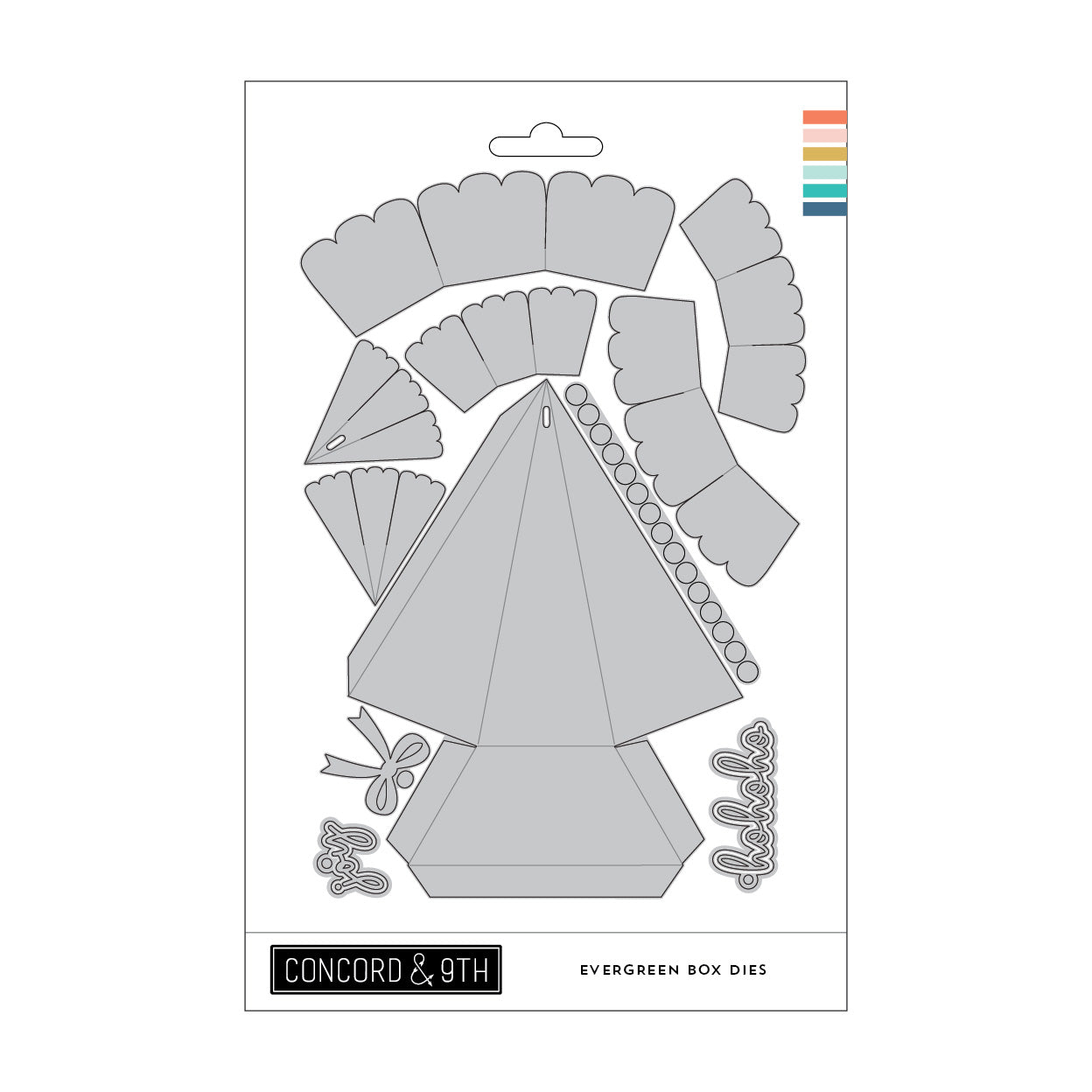Concord & 9th Evergreen Box Dies sheet containing multiple gray paper-cut templates for crafting, shown on a white background with a small color strip on the right.