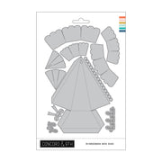 Concord & 9th Evergreen Box Dies sheet containing multiple gray paper-cut templates for crafting, shown on a white background with a small color strip on the right.