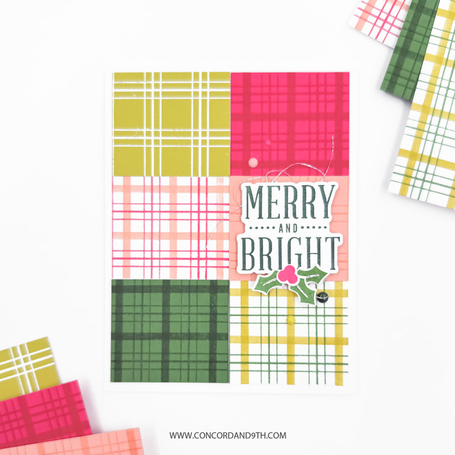 A handmade greeting card featuring a 2x3 grid of colorful plaid and checkered patterns in yellow, pink, green, and white, with a central 'MERRY AND BRIGHT' text and holly graphic. The card is displayed on a white background with decorative patterned paper scraps in the corners.