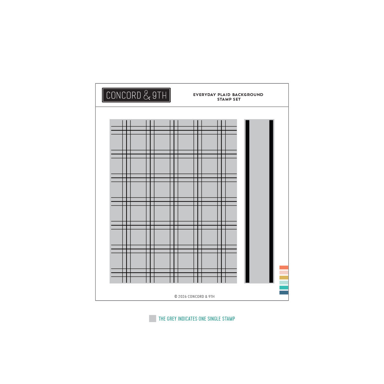 Concord & 9th Everyday Plaid Background Stamp Set sheet, featuring a gray plaid pattern, a gray rectangular block with black and white stripes, and a small color palette indicator on a white background.
