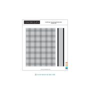 Concord & 9th Everyday Plaid Background Stamp Set sheet, featuring a gray plaid pattern, a gray rectangular block with black and white stripes, and a small color palette indicator on a white background.