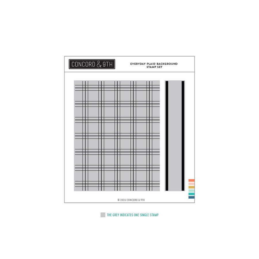Concord & 9th Everyday Plaid Background Stamp Set sheet, featuring a gray plaid pattern, a gray rectangular block with black and white stripes, and a small color palette indicator on a white background.