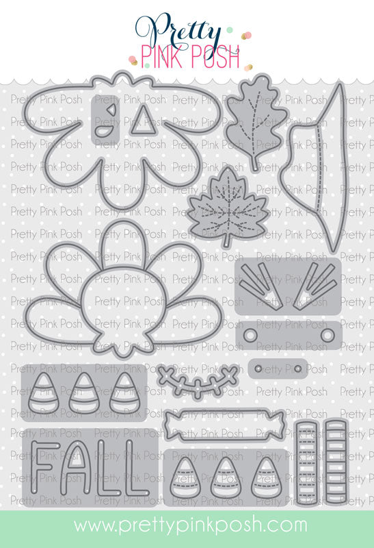 A sheet of metal craft dies with multiple fall-themed die-cut shapes, including a turkey, leaves, acorns, candy corn, snowflake, and the word FALL, shown on a white background with repeated Pretty Pink Push branding and a green website banner. Pretty Pink Posh Fall Bucket Additions Dies
