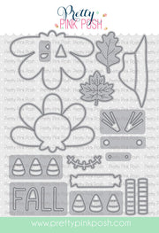 A sheet of metal craft dies with multiple fall-themed die-cut shapes, including a turkey, leaves, acorns, candy corn, snowflake, and the word FALL, shown on a white background with repeated Pretty Pink Push branding and a green website banner. Pretty Pink Posh Fall Bucket Additions Dies