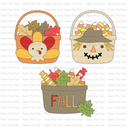 Three autumn-themed clipart illustrations on a white background with a repeated 'Pretty Pink Posh' watermark: a turkey in a basket filled with fall leaves, a scarecrow in a basket filled with candy corn, and a gray bucket labeled 'FALL' with autumn leaves and candy corn.