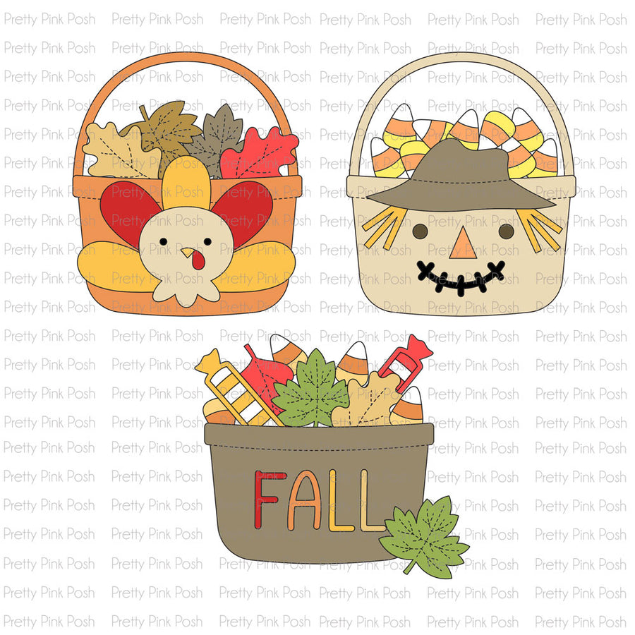 Three autumn-themed clipart illustrations on a white background with a repeated 'Pretty Pink Posh' watermark: a turkey in a basket filled with fall leaves, a scarecrow in a basket filled with candy corn, and a gray bucket labeled 'FALL' with autumn leaves and candy corn.