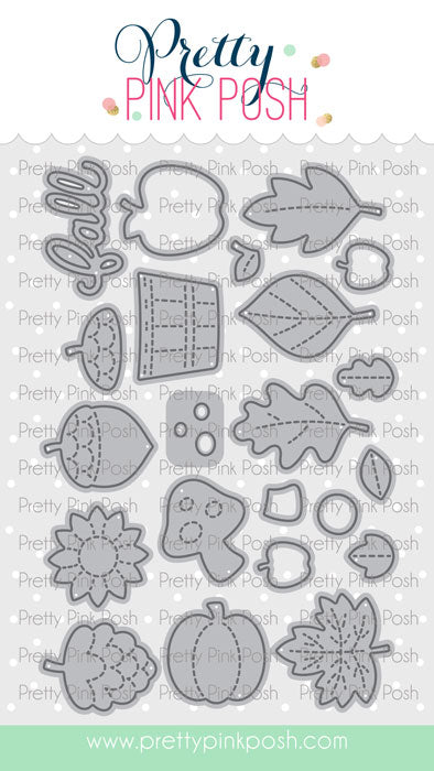 A sheet of craft dies from Pretty Pink Posh featuring autumn and fall-themed shapes including acorns, leaves, a pumpkin, a sunflower, and the word 'fall' in script. The dies are shown in gray metal outlines on a white background with a light gray patterned sheet, under the Pretty Pink Posh brand logo at the top. Pretty Pink Posh Fall Holder Additions Dies