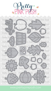 A sheet of craft dies from Pretty Pink Posh featuring autumn and fall-themed shapes including acorns, leaves, a pumpkin, a sunflower, and the word 'fall' in script. The dies are shown in gray metal outlines on a white background with a light gray patterned sheet, under the Pretty Pink Posh brand logo at the top. Pretty Pink Posh Fall Holder Additions Dies