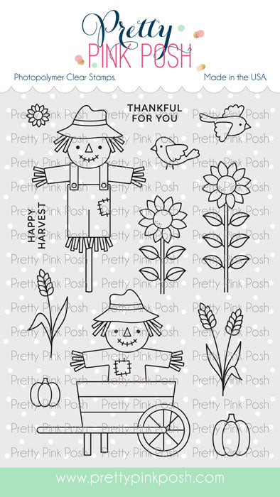 A sheet of Pretty Pink Posh photopolymer clear stamps featuring autumn harvest designs, including two scarecrows, sunflowers, wheat, pumpkins, a bird, and the phrases 'HAPPY HARVEST', 'THANKFUL FOR YOU', and 'Thanksgiving'. Pretty Pink Posh Fall Scarecrows Stamp Set