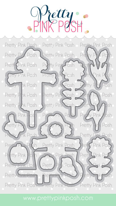 A sheet of metal craft dies from Pretty Pink Posh called Fall Scarecrows Coordinating Dies, featuring various floral and botanical shapes, displayed on a white background with the brand logo at the top.