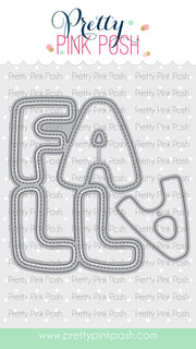 A craft die set featuring the word 'FALL' in a stylised, wavy font, shown on a branded Pretty Pink Posh background with a website URL at the bottom. Pretty Pink Posh Fall Word Shaker Dies