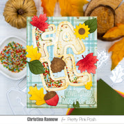 A handmade autumn-themed card featuring the word 'fall' in layered beige letters filled with multicolored confetti, decorated with red and yellow leaves, acorns, sunflowers, and green leaves on a light blue plaid background. The card is displayed on a white surface with craft supplies, and the text 'Christina Rannow for Pretty Pink Posh' appears at the bottom.