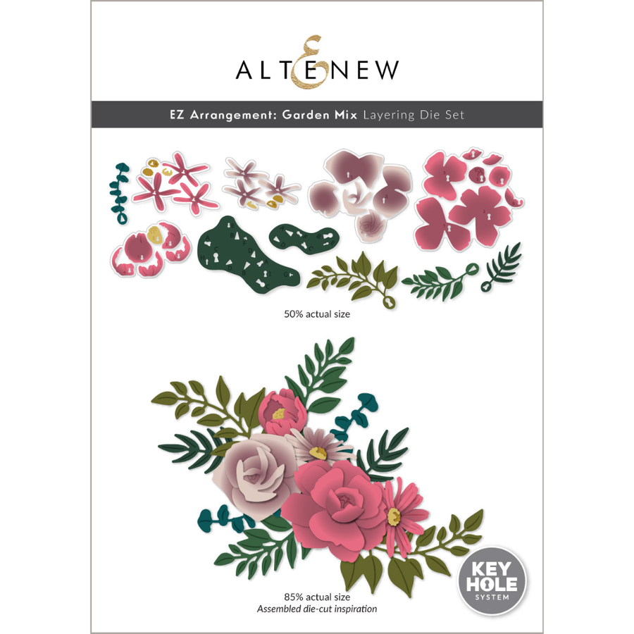 Altenew EZ Arrangement: Garden Mix Layering Die Set packaging, featuring illustrated floral and leaf die-cut designs in pink, green, and mauve on a white card with a Keyhole System badge.