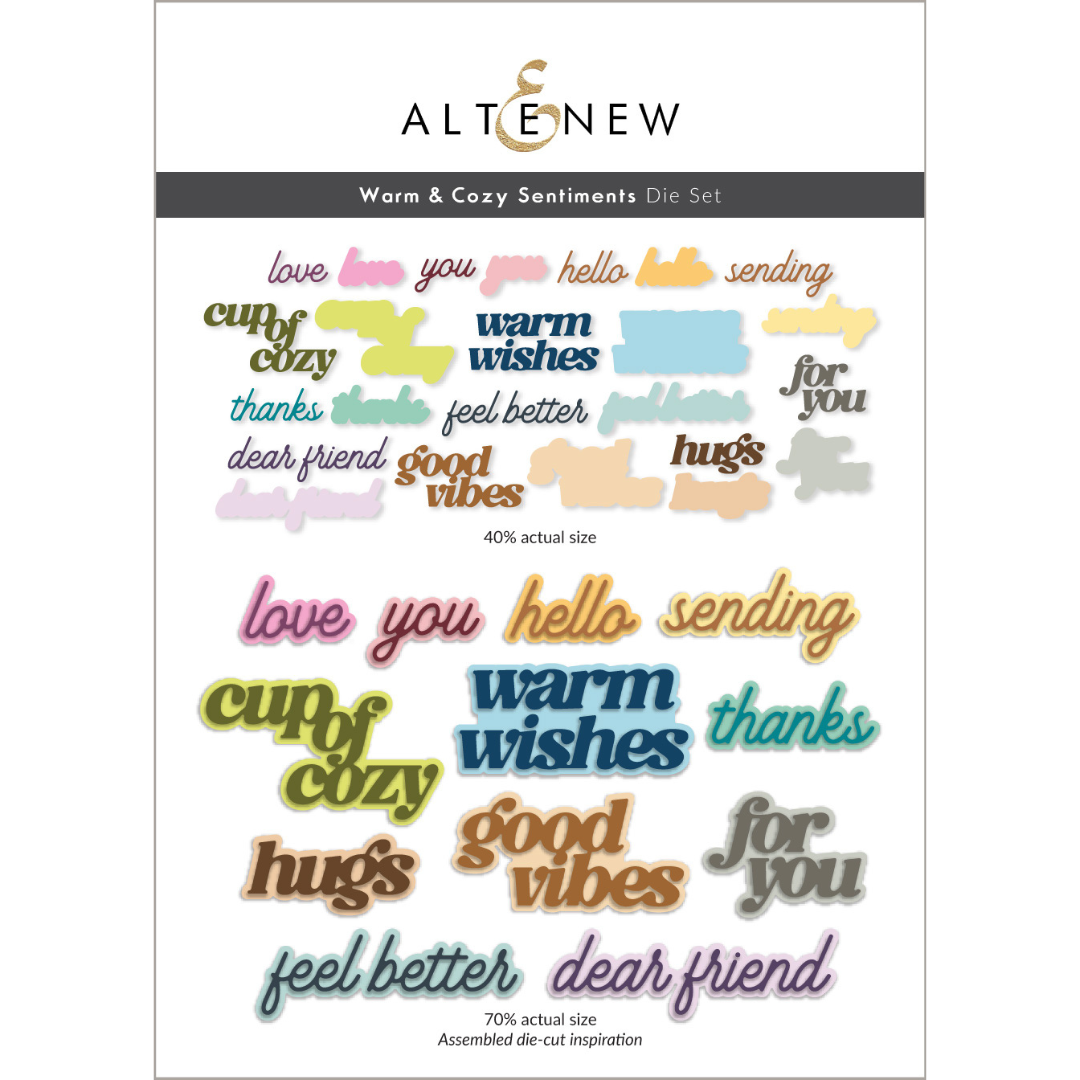 Altenew Warm & Cozy Sentiments Die Set packaging showing a sheet of die-cut sticker-style phrases in assorted pastel and earthy colors, including 'love you', 'hello', 'sending', 'cup of cozy', 'warm wishes', 'thanks', 'hugs', 'good vibes', 'feel better', 'dear friend', and 'for you'.