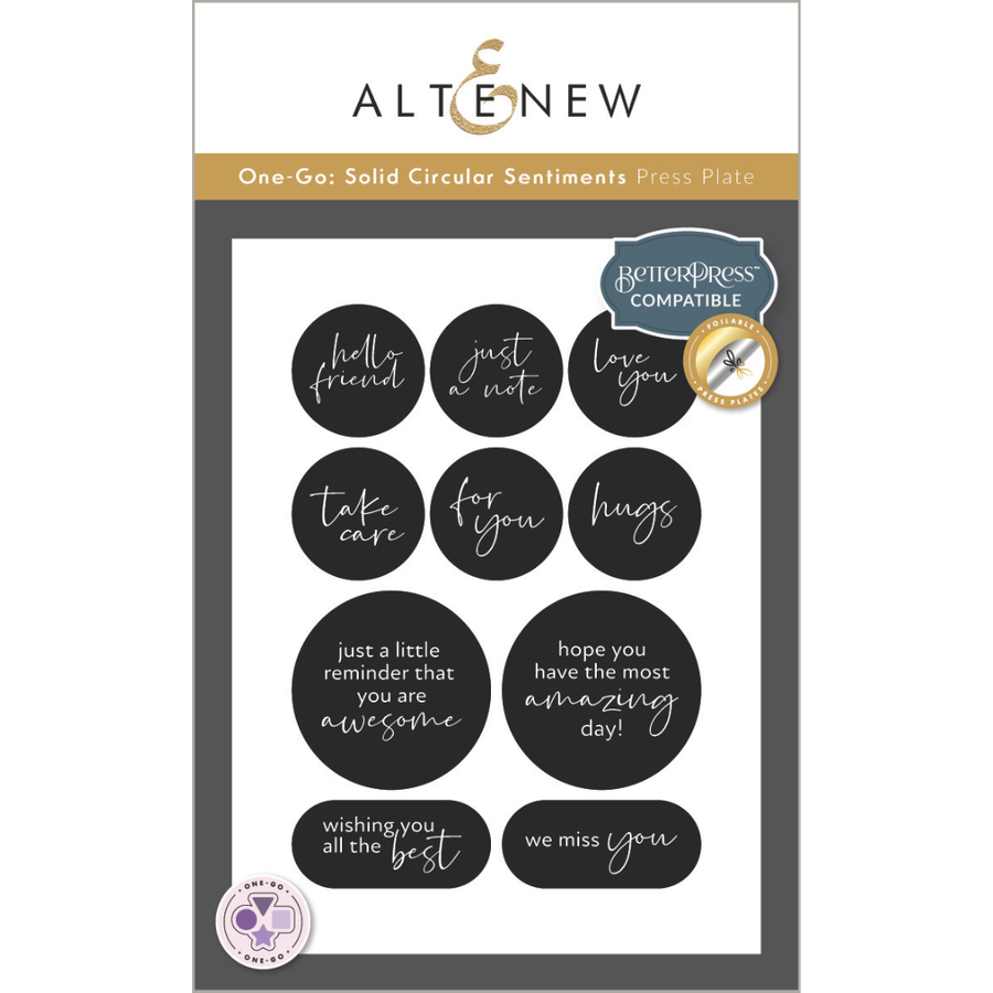 Altenev One-Go: Solid Circular Sentiments Press Plate, featuring nine circular stamp designs with different positive phrases on a white and dark gray cardstock backing.