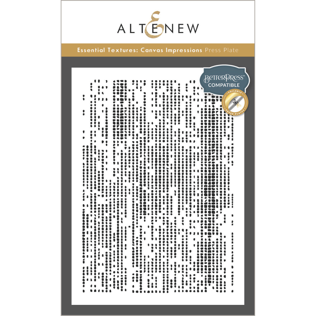 An Altenew press plate called 'Essential Textures: Canvas Impressions Press Plate', featuring a dense pattern of small black dots on a white background with a gold and black header.