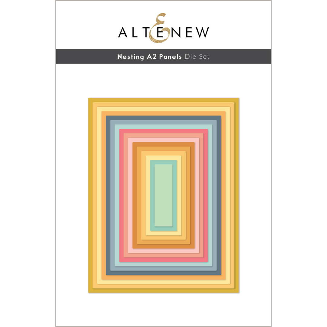 A package of ALTENEW Nesting A2 Panels Die Set, featuring a stack of nested rectangular metal cutting dies in pastel and warm tones including yellow, orange, pink, blue, and mint green on a white background.