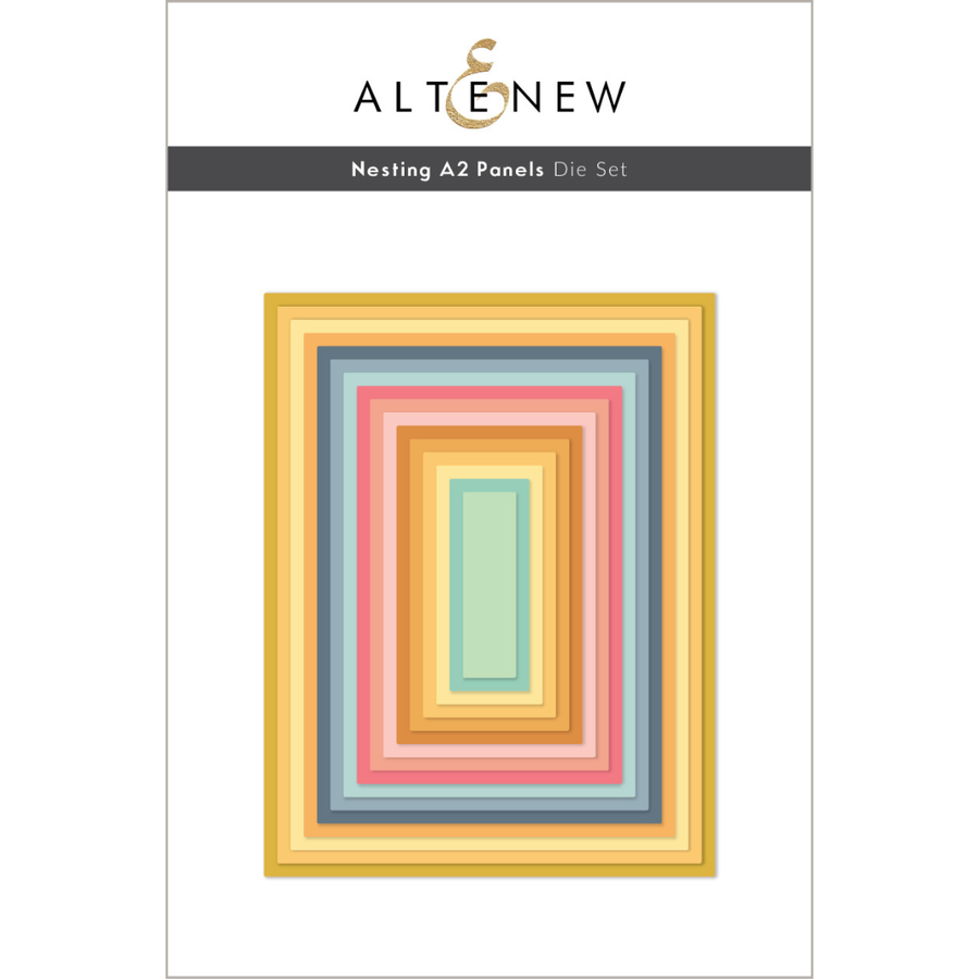 A package of ALTENEW Nesting A2 Panels Die Set, featuring a stack of nested rectangular metal cutting dies in pastel and warm tones including yellow, orange, pink, blue, and mint green on a white background.