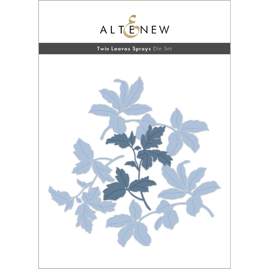 Altenew Twin Leaves Sprays Die Set packaging featuring a blue and navy leaf pattern on a white background with a dark gray banner.
