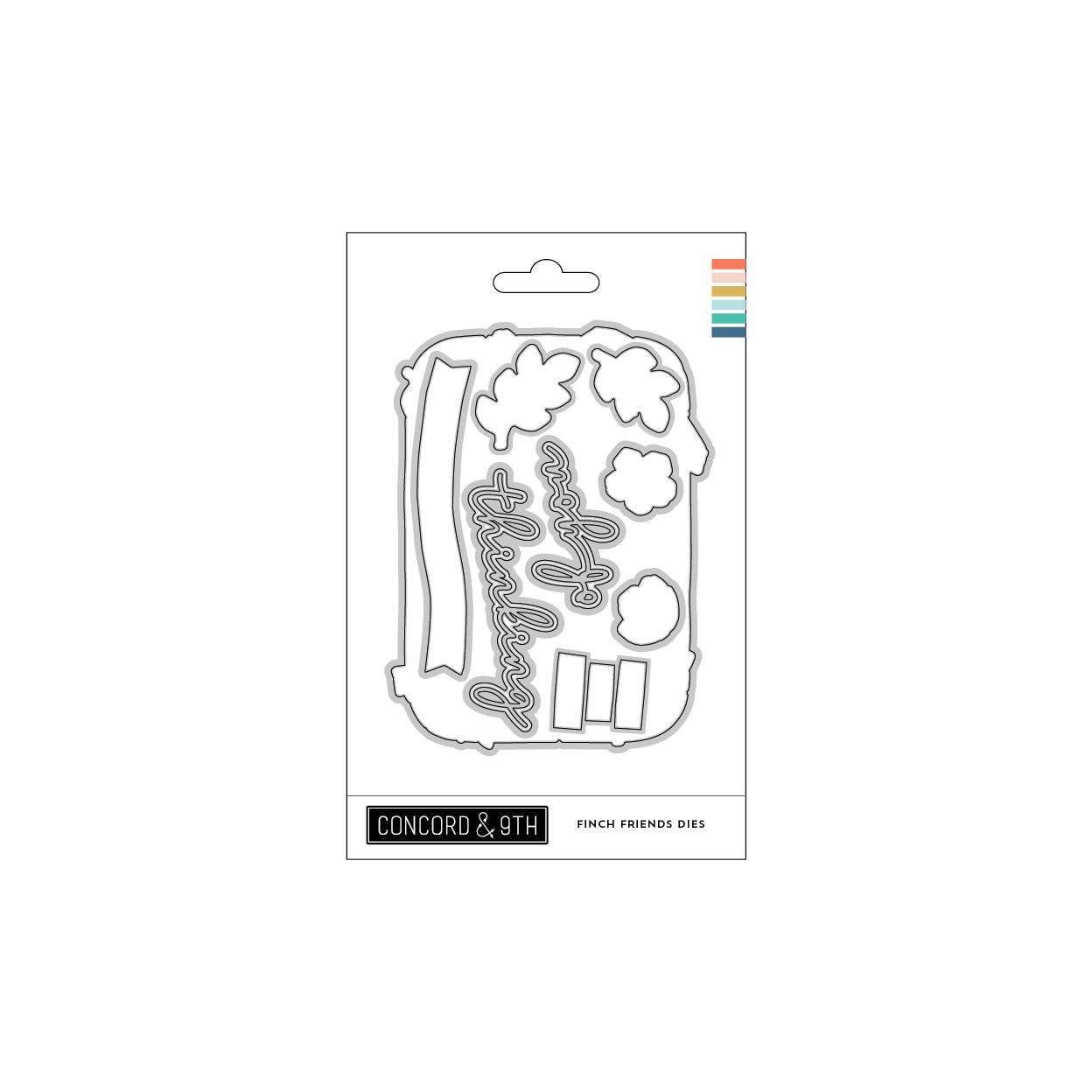 Concord & 9th 'Finch Friends Dies' embossed metal cutting dies in their retail packaging, featuring various bird-themed die shapes on a white card with a colorful brand stripe.