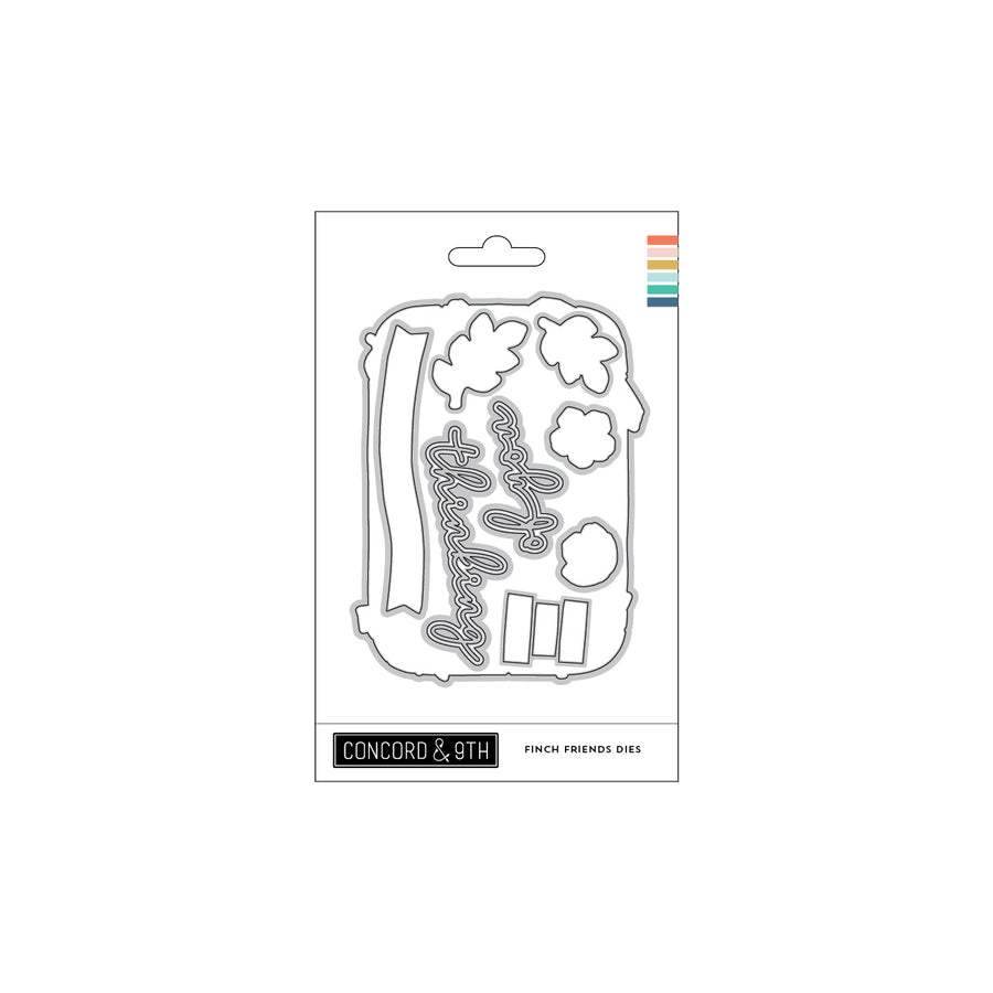 Concord & 9th 'Finch Friends Dies' embossed metal cutting dies in their retail packaging, featuring various bird-themed die shapes on a white card with a colorful brand stripe.