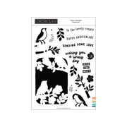 Concord & 9th 'Finch Friends' stamp set sheet featuring black bird and floral stamp designs with anniversary and greeting phrases on a white background.