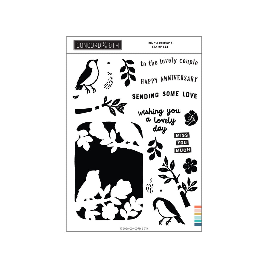 Concord & 9th 'Finch Friends' stamp set sheet featuring black bird and floral stamp designs with anniversary and greeting phrases on a white background.