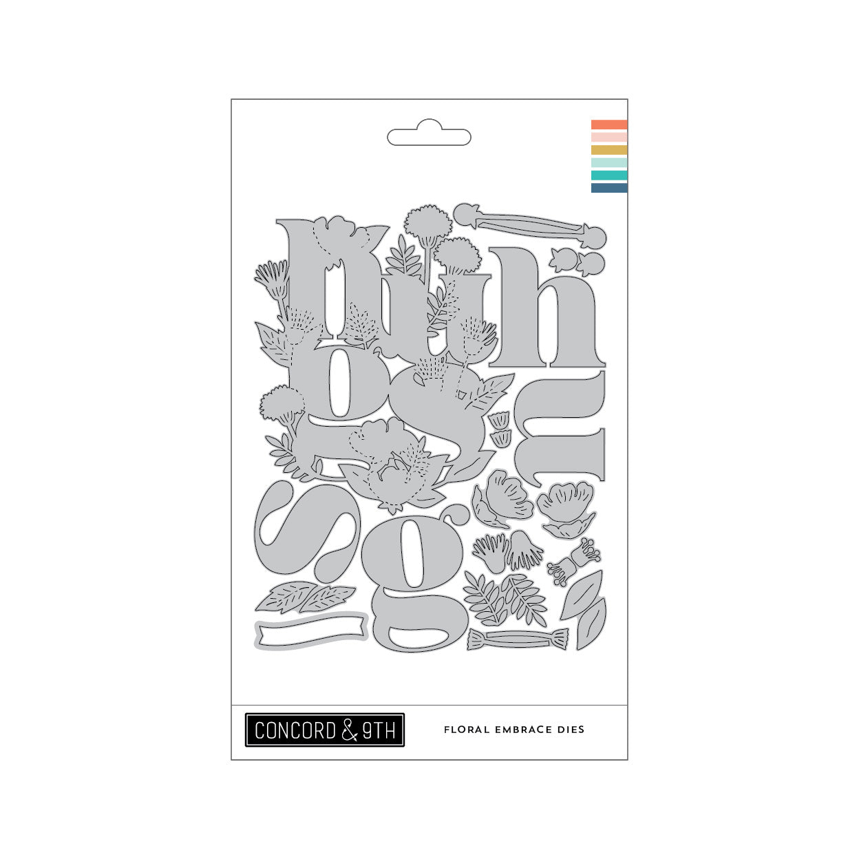 Concord & 9th Floral Embrace Dies set in a white hanging card package, featuring gray metal letter and flower cutout designs on a white background.