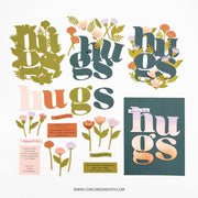 A set of spring-themed typography designs and floral illustrations reading 'hugs' in multiple stylized letterforms, shown on a white background with a website URL at the bottom.