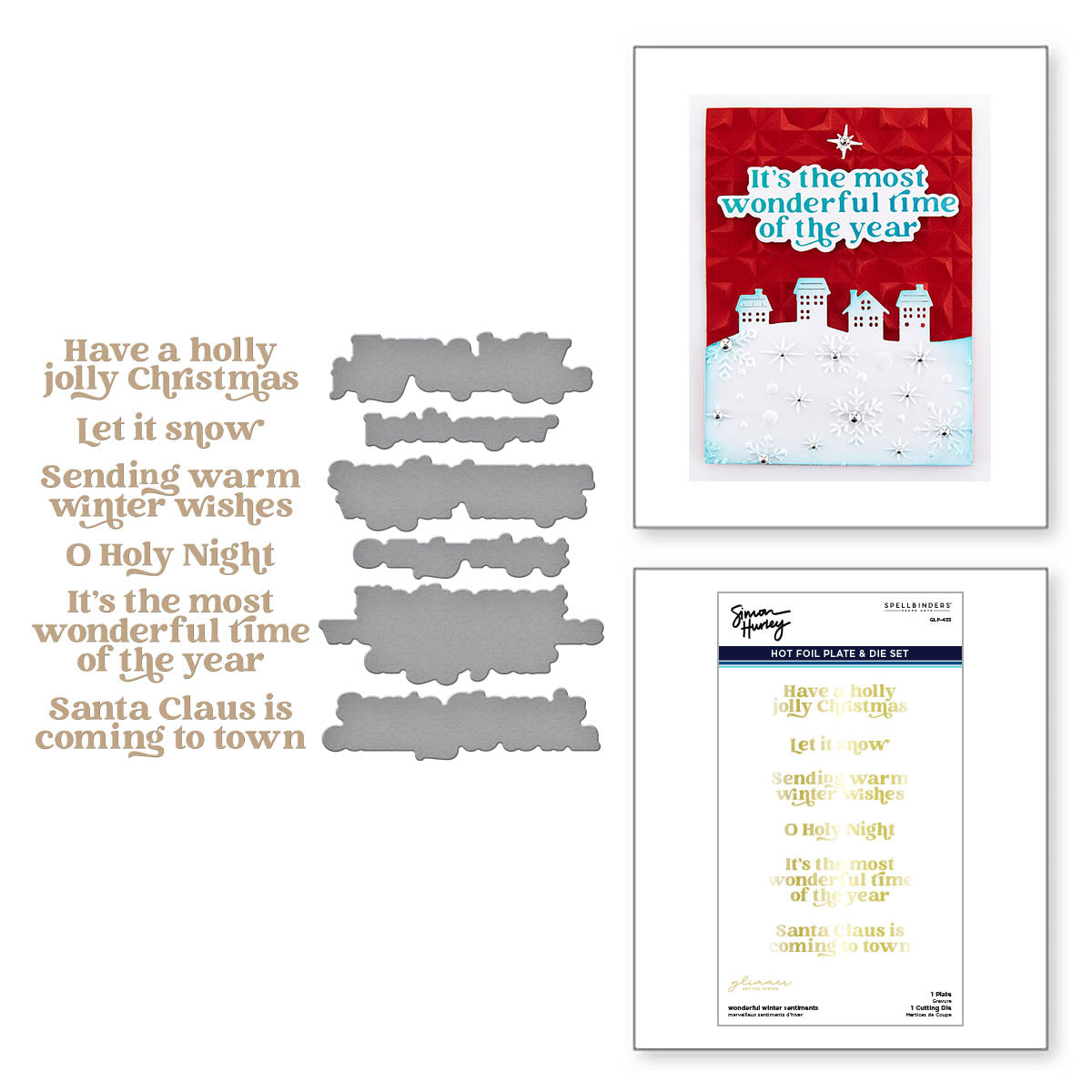 Spellbinders - Wonderful Winter Sentiments Glimmer Hot Foil Plate & Die Set from the Simon's Snow Globes Collection by Simon Hurley