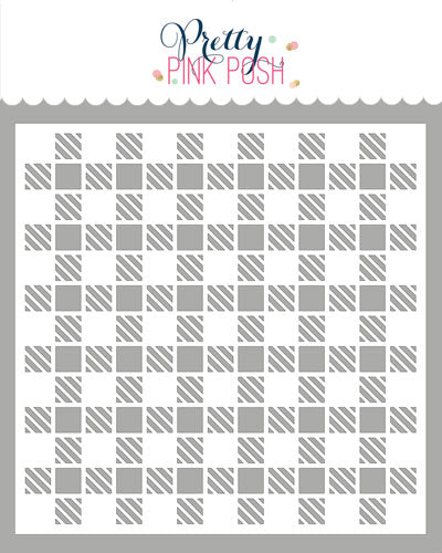 A stencil from Pretty Pink Push featuring a gray and white checkered pattern with alternating solid and diagonal-striped squares, presented on a white background with a decorative header. Pretty Pink Posh Gingham Stencil