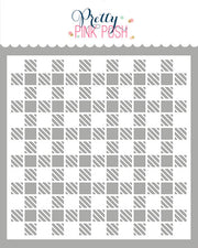 A stencil from Pretty Pink Push featuring a gray and white checkered pattern with alternating solid and diagonal-striped squares, presented on a white background with a decorative header. Pretty Pink Posh Gingham Stencil