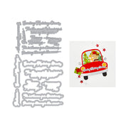 A holiday-themed craft set featuring a sheet of silver metal die-cutting and embossing templates on the left, and a sample stamped design on the right showing a red pickup truck carrying Christmas decorations with the words 'Sending Holiday Cheer.