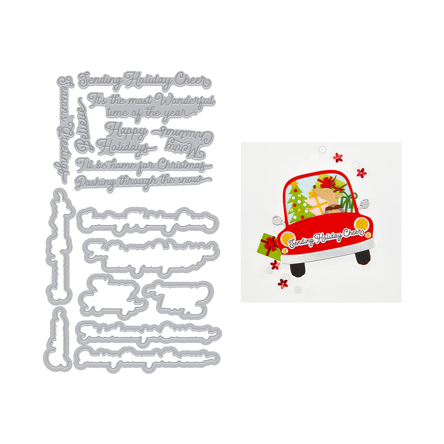 A holiday-themed craft set featuring a sheet of silver metal die-cutting and embossing templates on the left, and a sample stamped design on the right showing a red pickup truck carrying Christmas decorations with the words 'Sending Holiday Cheer.