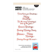 Hero Arts HCH10 Winter Words LetterPress + Foil & Cut showing multiple red cursive holiday phrases on a white background with product details and a small Santa in a red car illustration.