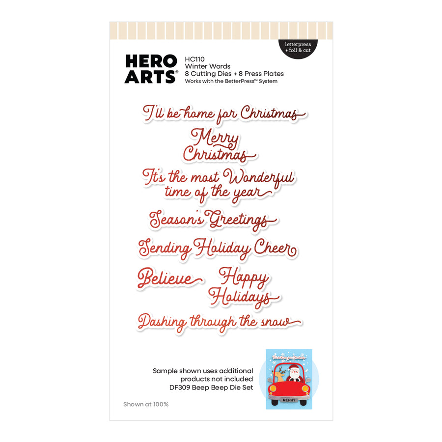 Hero Arts HCH10 Winter Words LetterPress + Foil & Cut showing multiple red cursive holiday phrases on a white background with product details and a small Santa in a red car illustration.