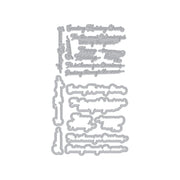 A set of silver metal die-cut craft stamps with various Christmas-themed phrases and decorative borders, displayed on a clean white background. Hero Arts - Winter Words Letterpress + Foil & Cut
